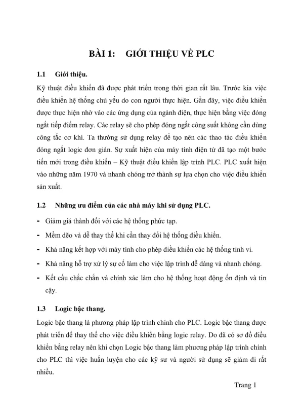 BÀI 1: GIỚI THIỆU VỀ PLC